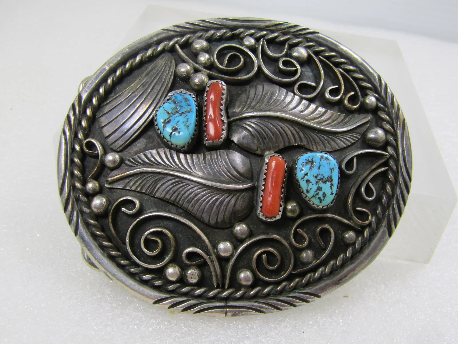 Vintage Sterling Southwestern Belt Buckle, Turquoise/Coral T.C. Yazzie, 1970's