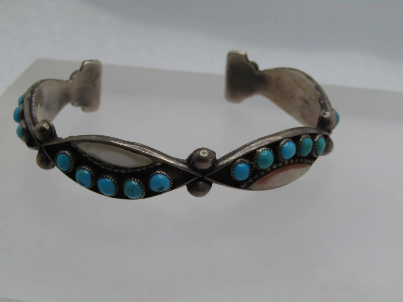 Vintage Sterling Southwestern Turquoise Cuff Bracelet, With MOP, 6", 1960's-1970's