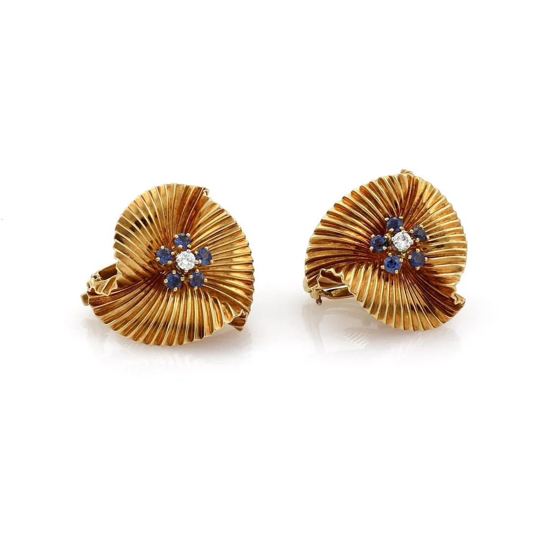 Vintage Tiffany & Co. 18k Yellow Gold Floral Clip-On Earrings with Diamonds and Sapphires