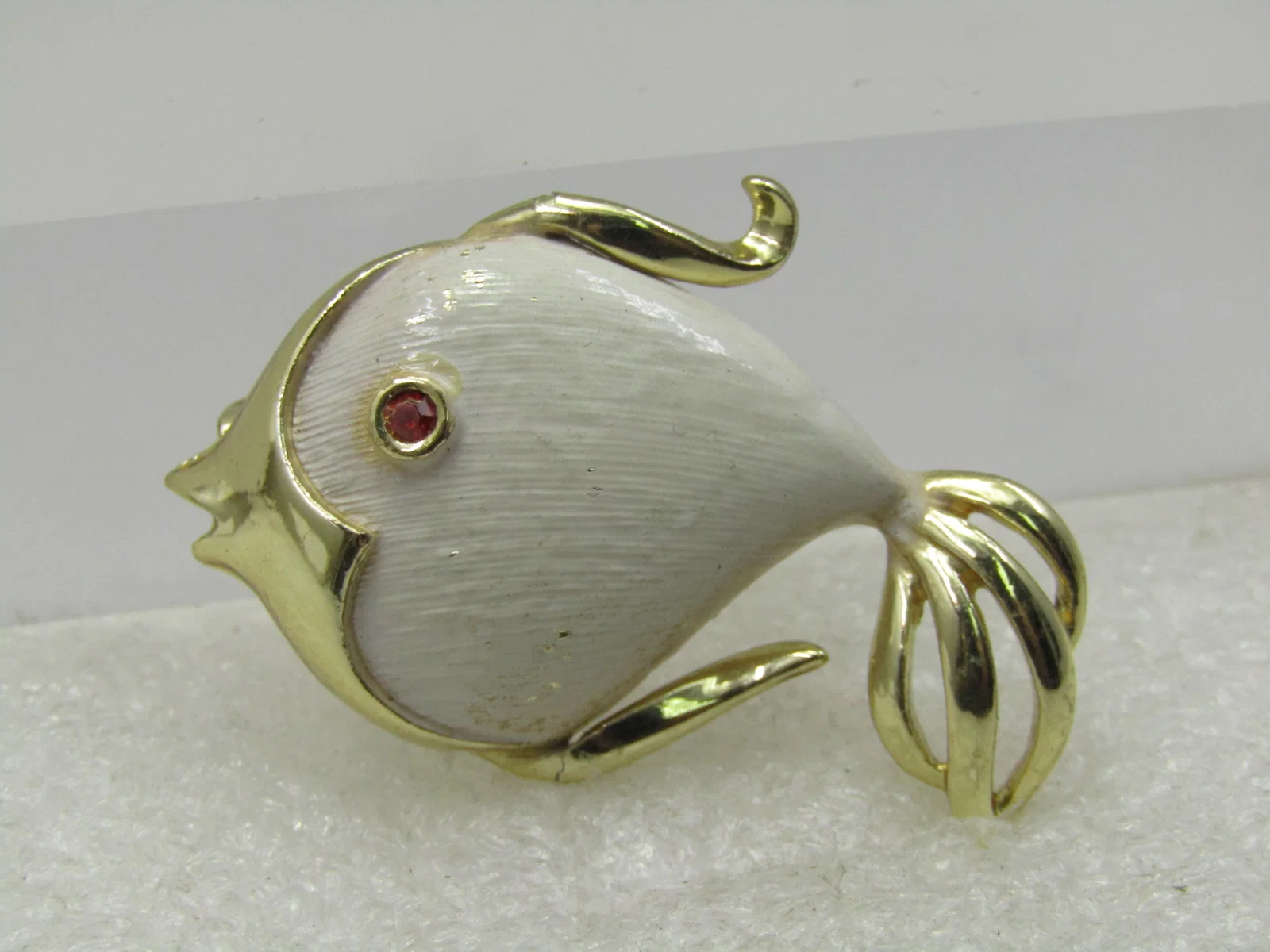 Vintage White Enameled Fish Brooch, Rhinestone Eye 1960's-1970's