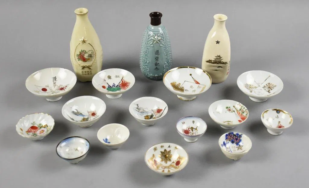 Vintage WWII Japanese Military Porcelain Sake Cups & Bottles