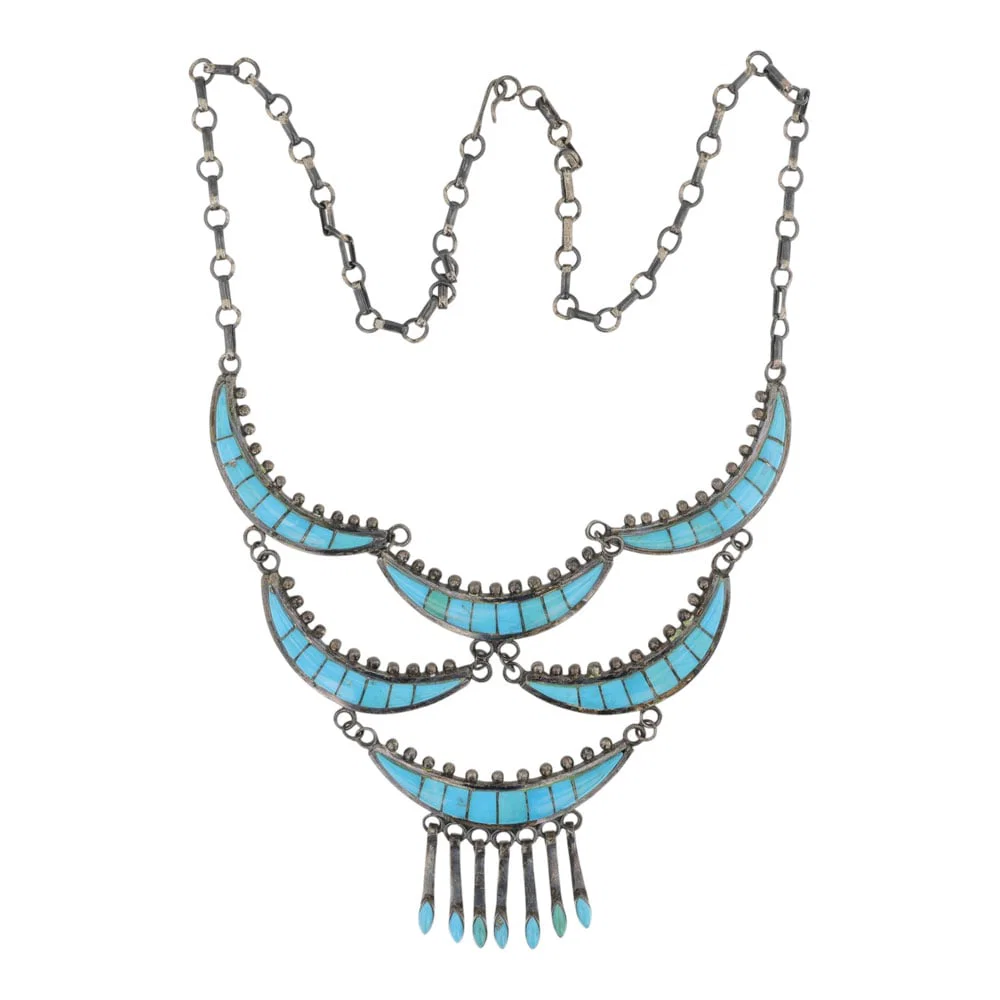 Vintage Zuni Sleeping Beauty Turquoise Inlay Chandelier Necklace