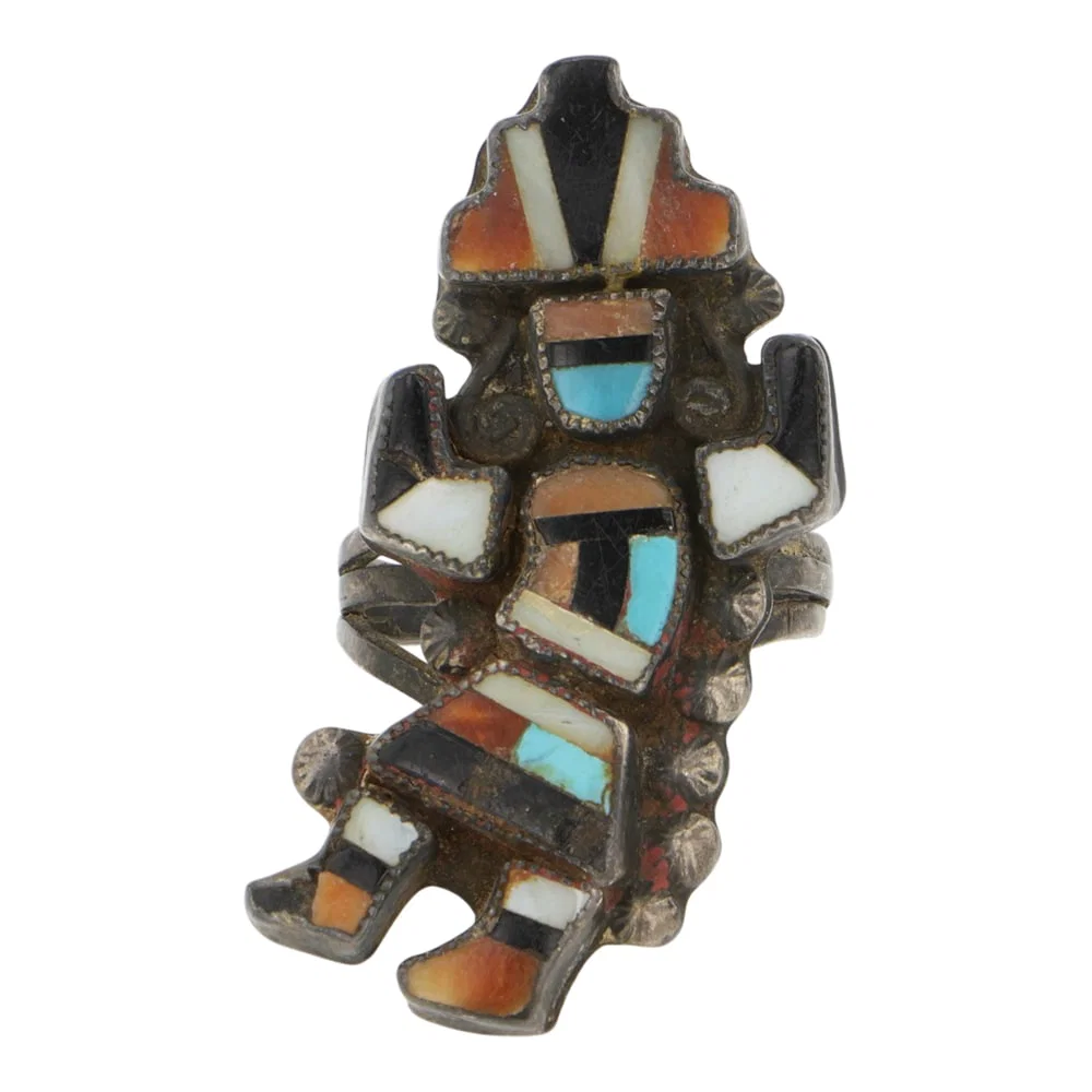 Vintage Zuni Turquoise Coral Acoma Jet & Mother of Pearl Inlay Ring