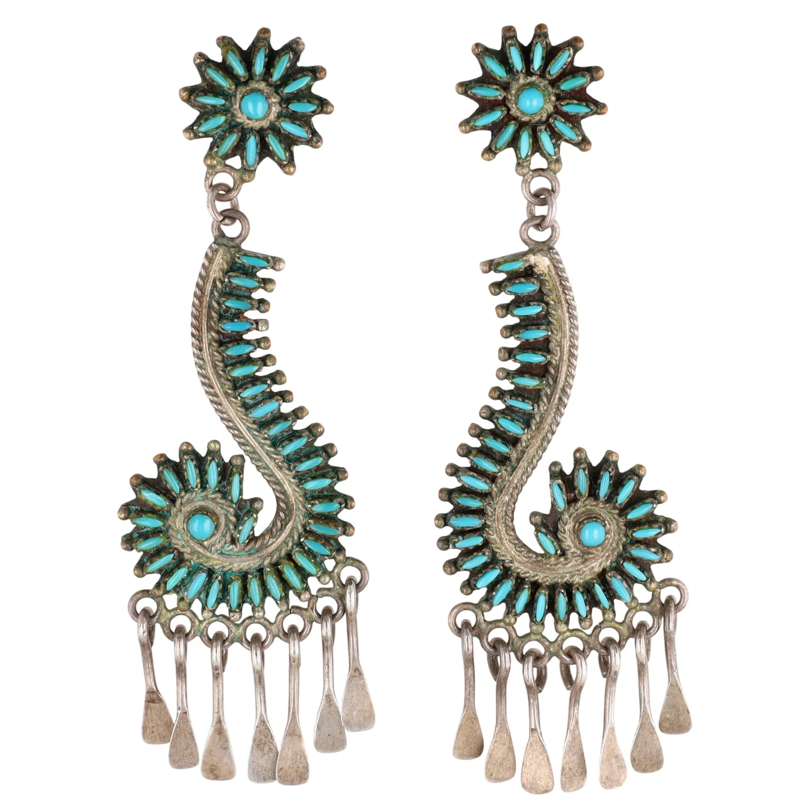 Vintage Zuni Turquoise Needlepoint Dangle Earrings