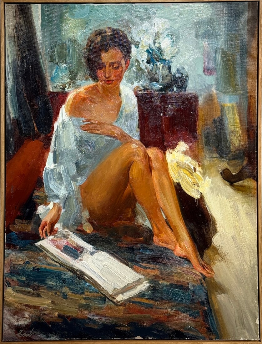 Vladimir Ezhakov (B. Ehlakob) Figurative Brunette Signed Original Oil on Canvas