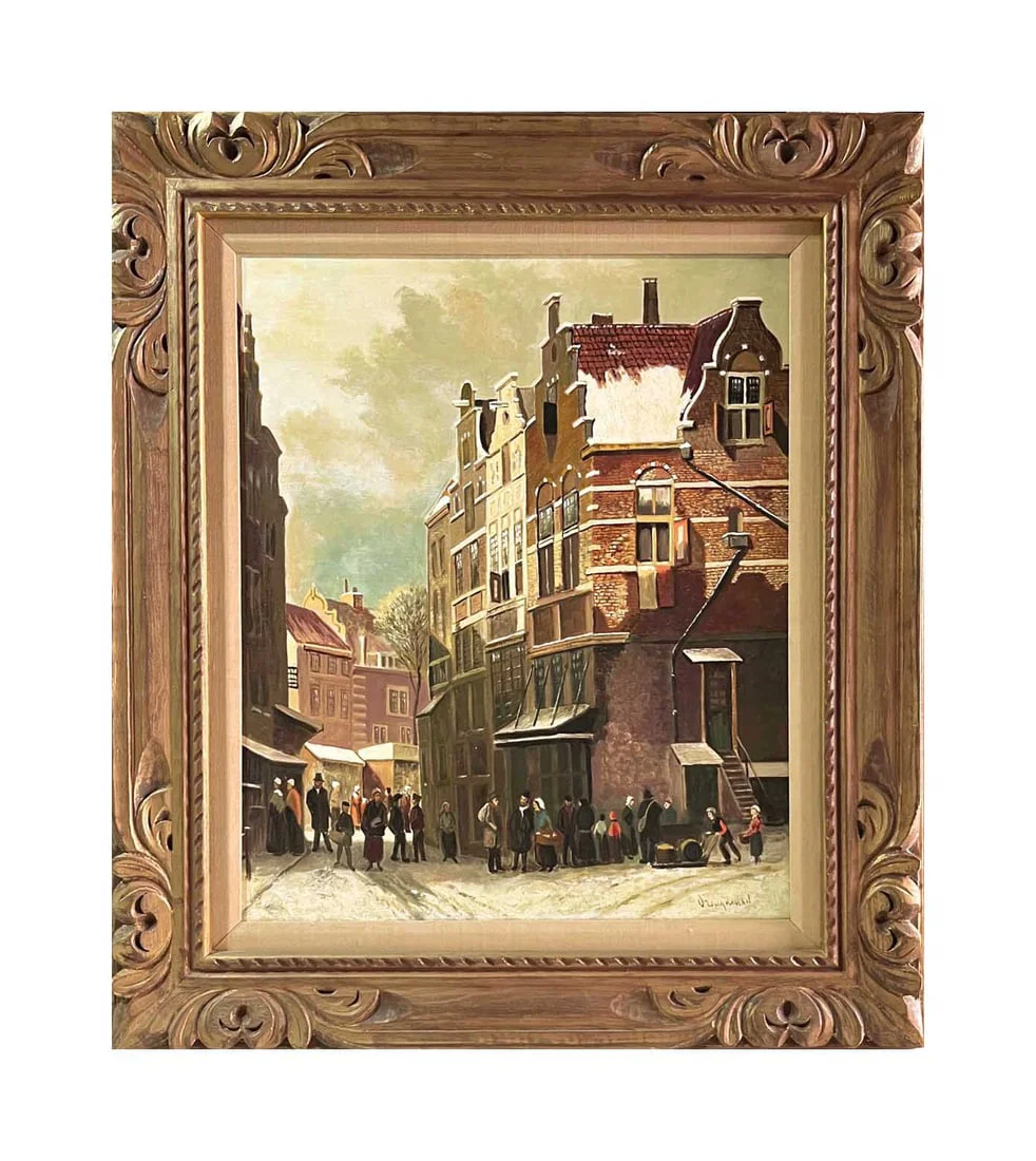 Vreugdenhil Street Scene Oil Painting carved wood framed