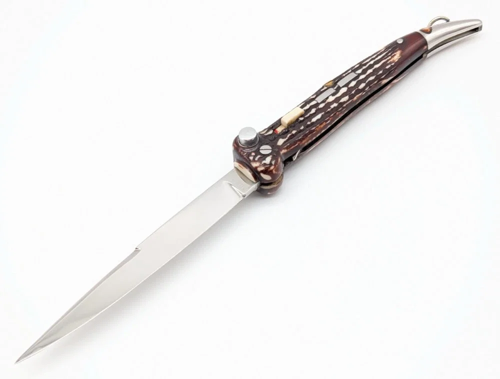 Vtg French Douris Chastel Crown Horn Faux Stag Switchblade Knife