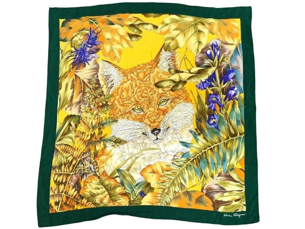 VTG Salvatore Ferragamo Silk Floral Fox Scarf