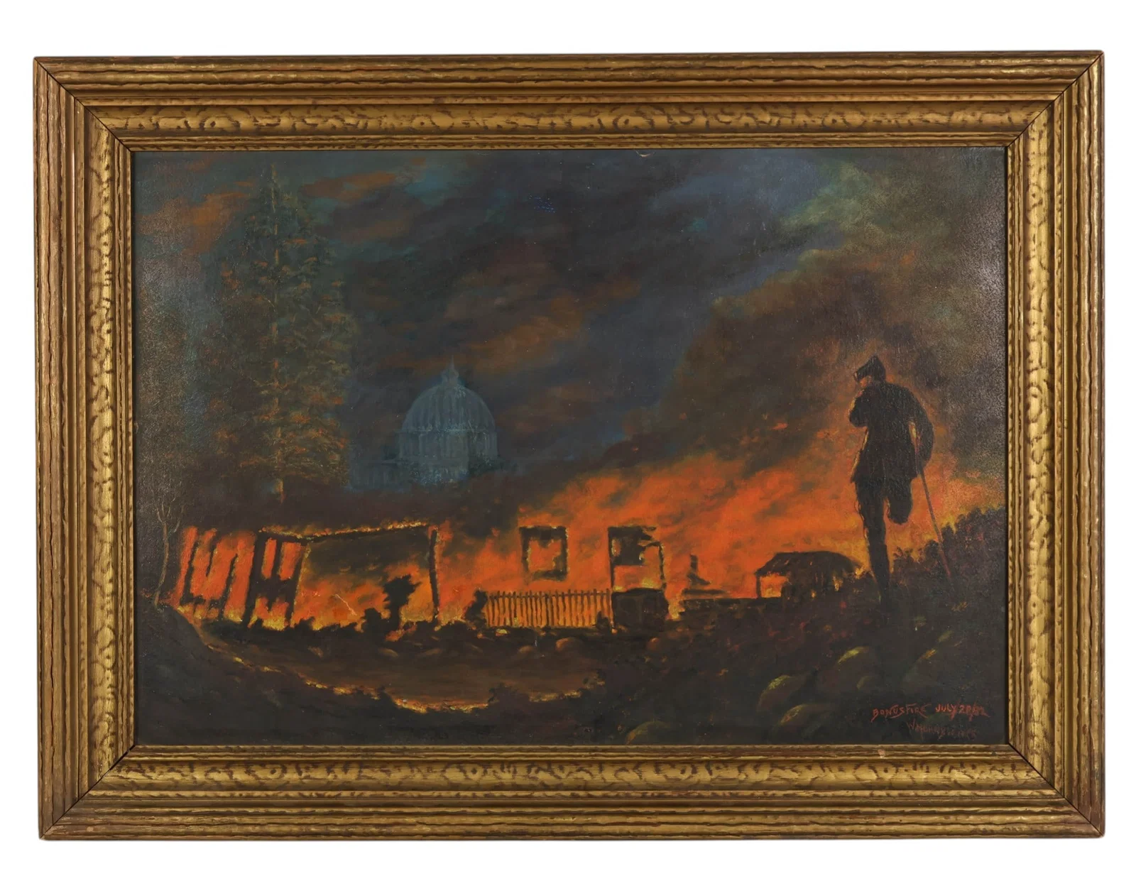 W Hornblower Bonus Fire 1932 Oil Painting on Board