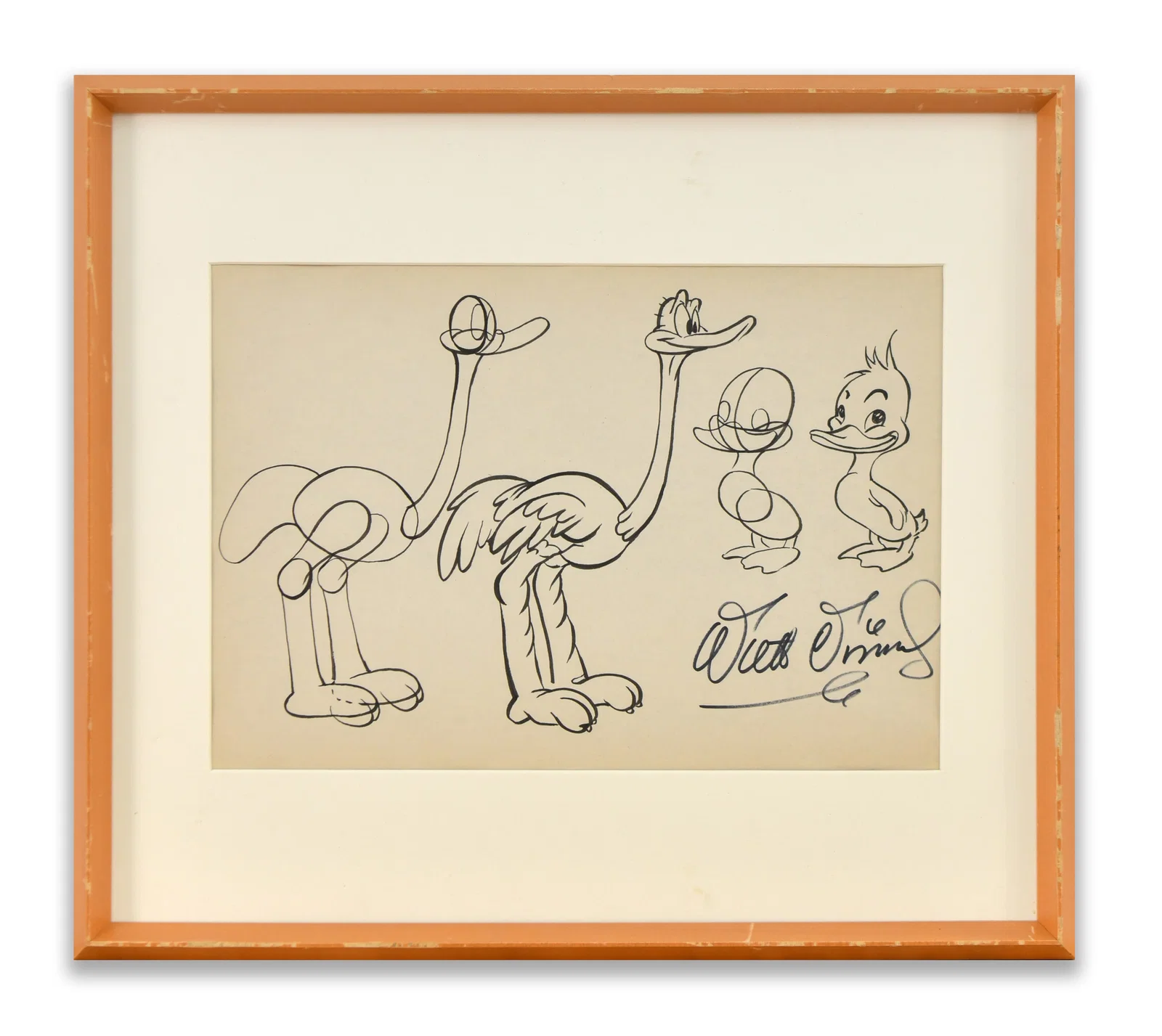 WALT DISNEY – SIGNED CHARACTER STUDY ILLUSTRATION (OSTRICHES AND DUCK FIGURES)