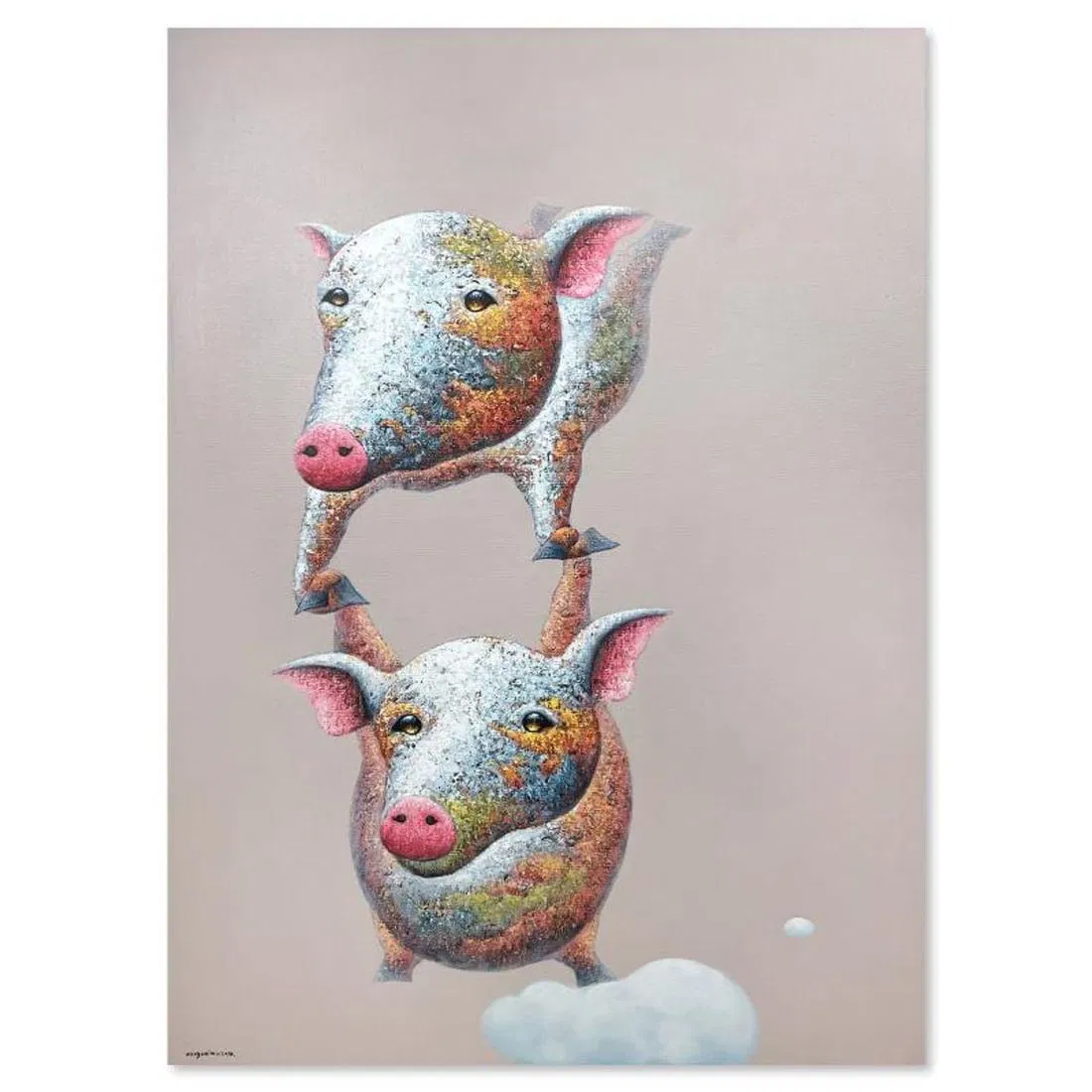 Wang, "Piggy Back" Original Mixed Media Painting on Gallery Wrapped Canvas (59" x 43"), Hand Signed