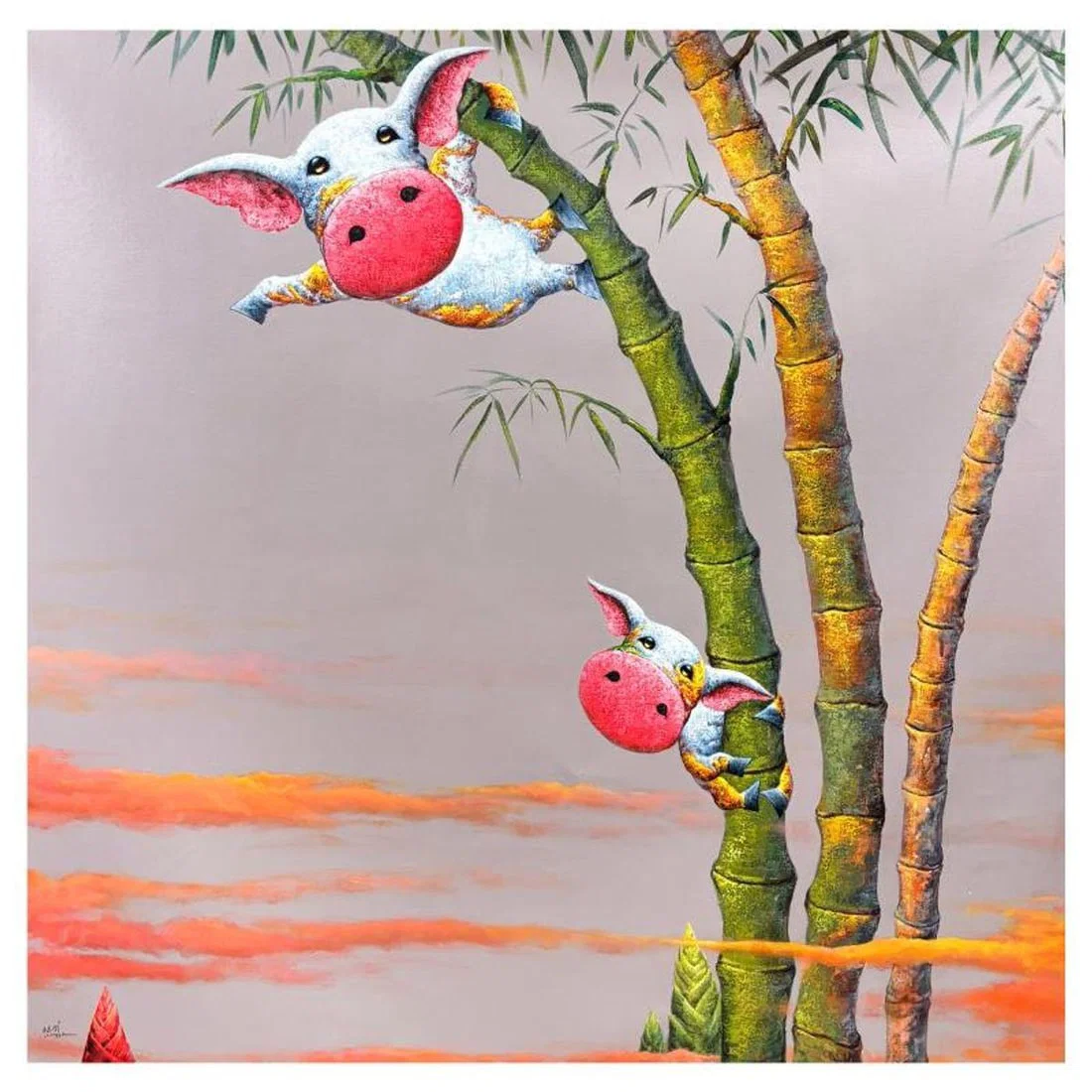 Wang, "Tropical Swing" Original Mixed Media Painting on Canvas, Hand Signed with Letter of