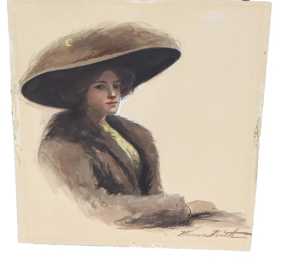 WARREN KEITH Early 20th Century Watercolor Seated Woman in a Hat