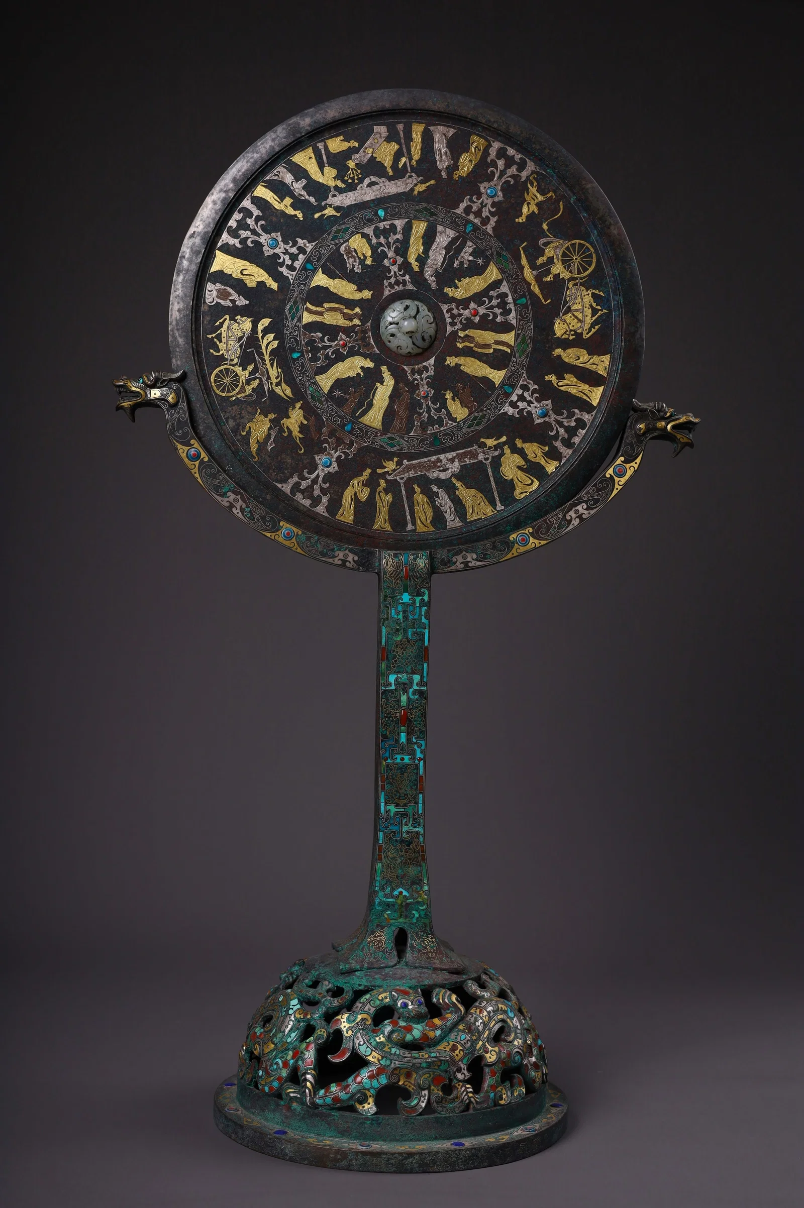 Warring States-Han Gold-Silver Inlaid Bronze Mirror with Dragon Head Stand