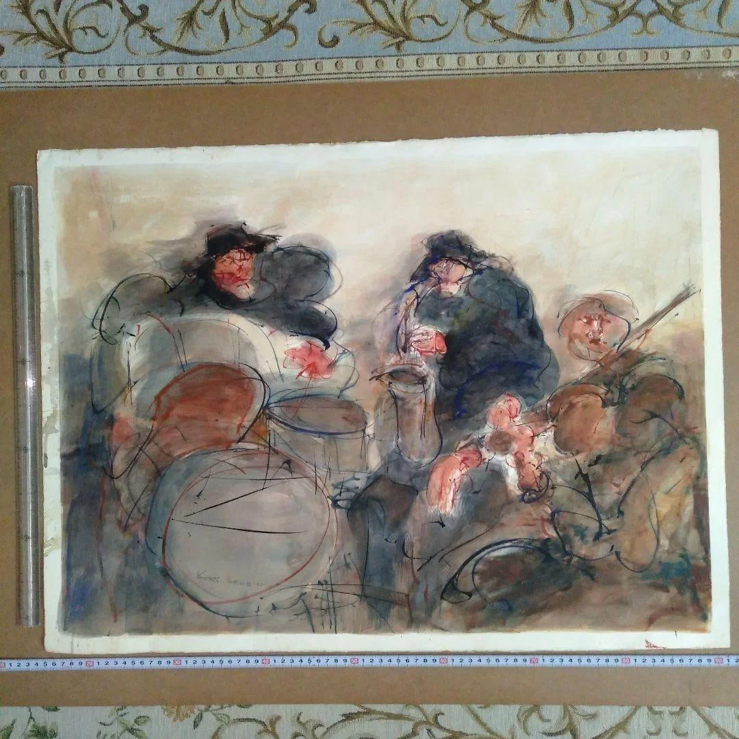 Watercolor painting: a painting depicting a person and a musical instrument.