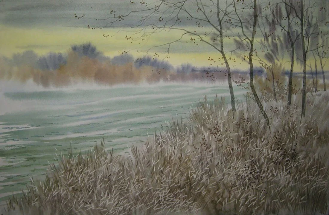 Watercolor painting Autumn mood by the river Valery Savenets