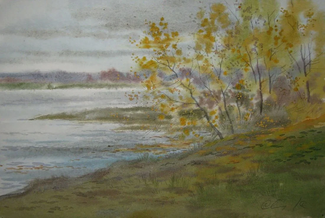 Watercolor painting Autumn shore river Valery Savenets