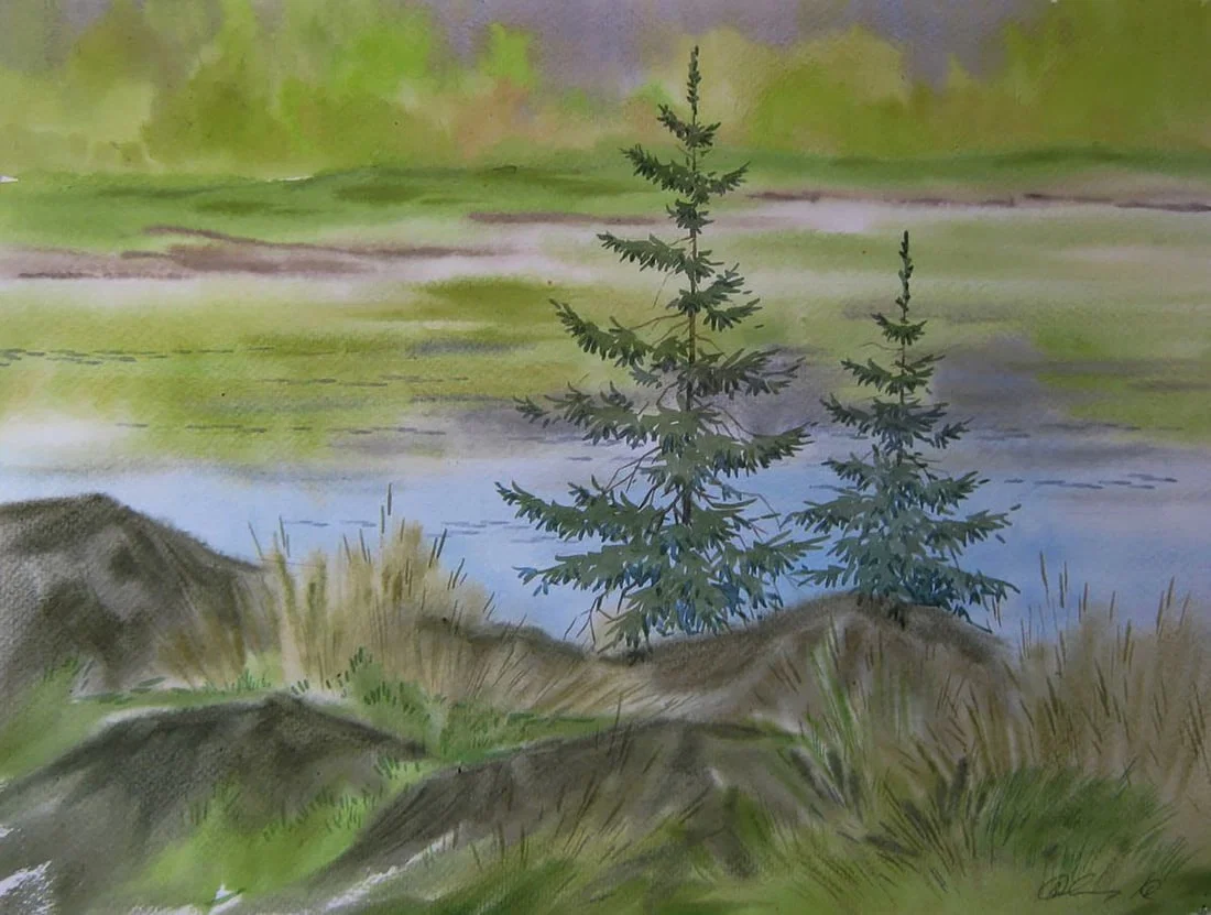 Watercolor painting Green coast river Valery Savenets