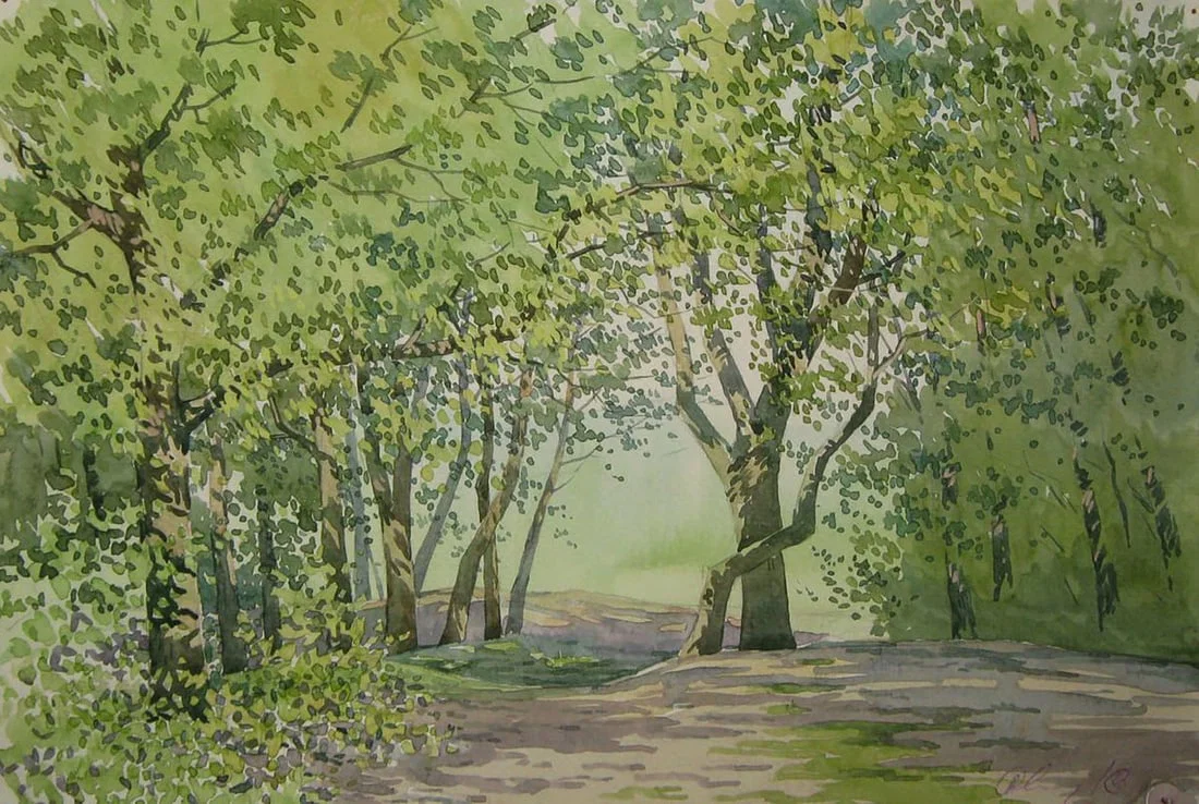 Watercolor painting In the green forest Valery Savenets