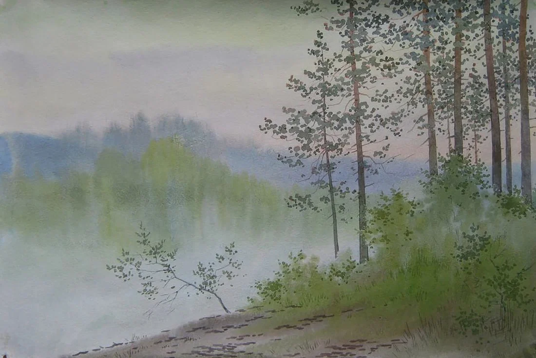 Watercolor painting Morning on the river Valery Savenets