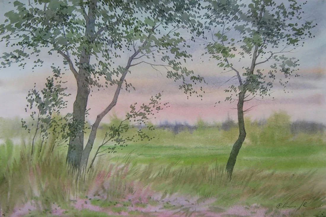Watercolor painting Pink sunset in the field Valery Savenets