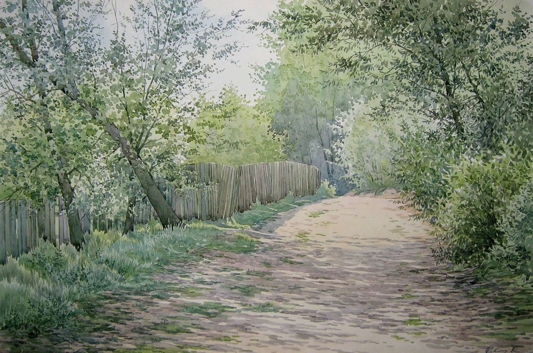 Watercolor painting Road to the river Kalebets Valery