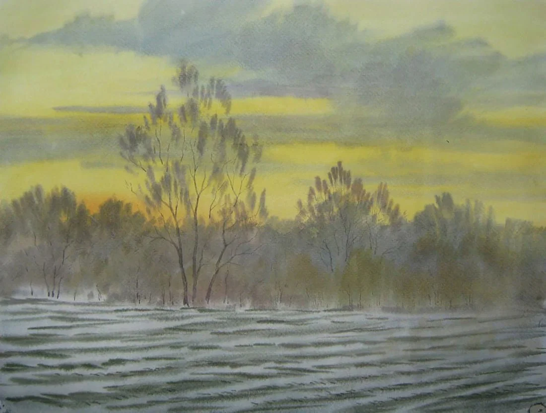 Watercolor painting The field was covered with snow Valery Savenets
