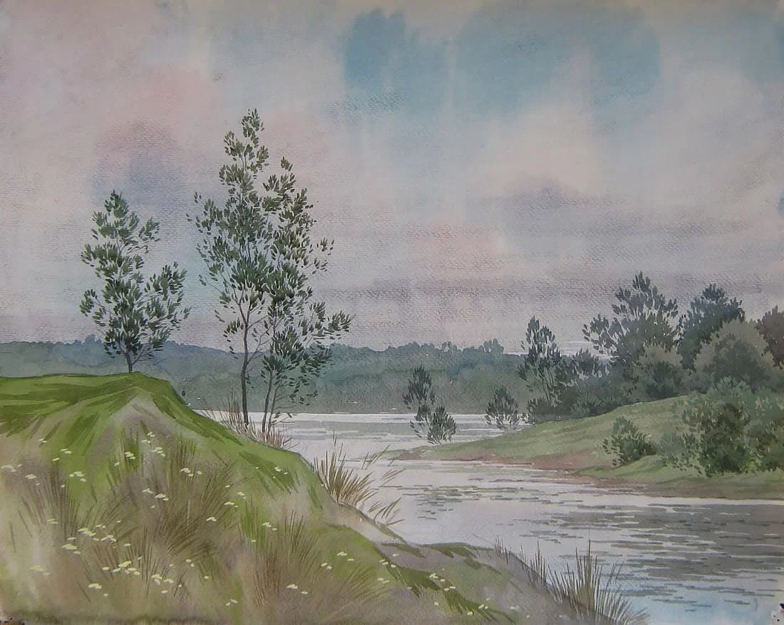 Watercolor painting Winding Summer River Valery Savenets