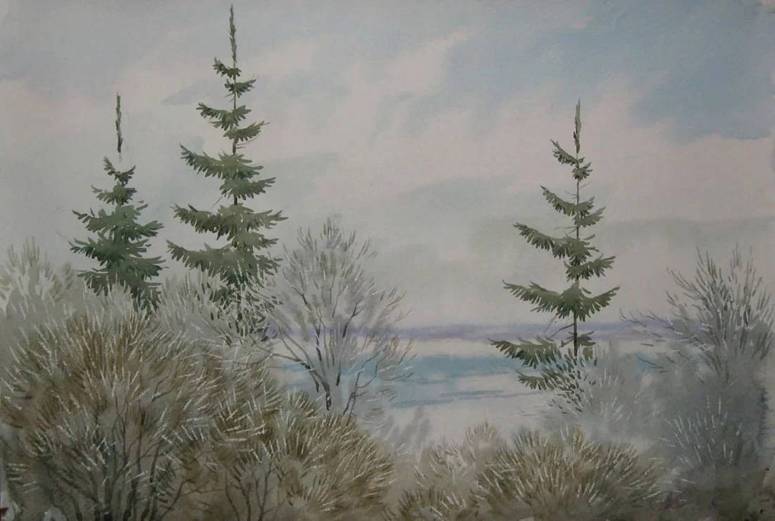 Watercolor painting Winter fog in the forest Valery Savenets