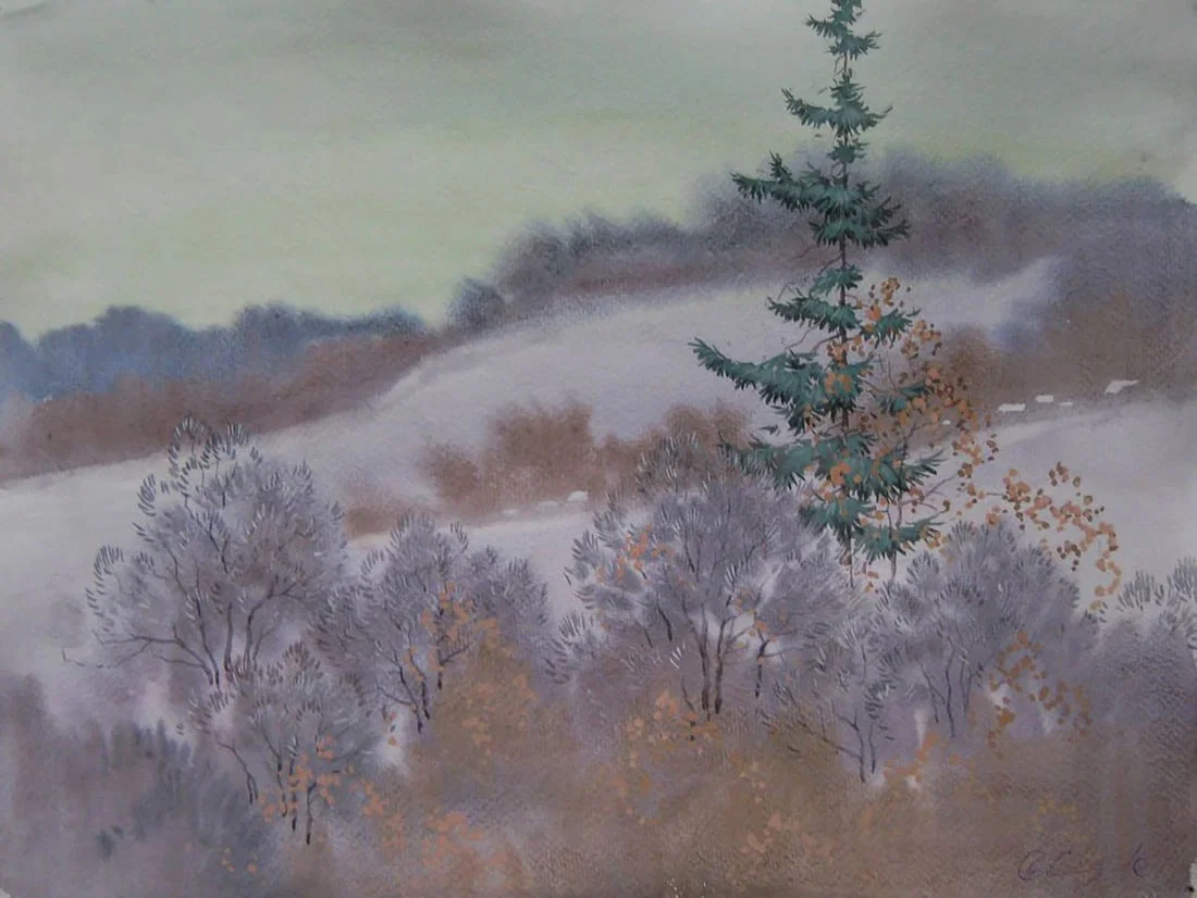 Watercolor painting Winter hills Valery Savenets