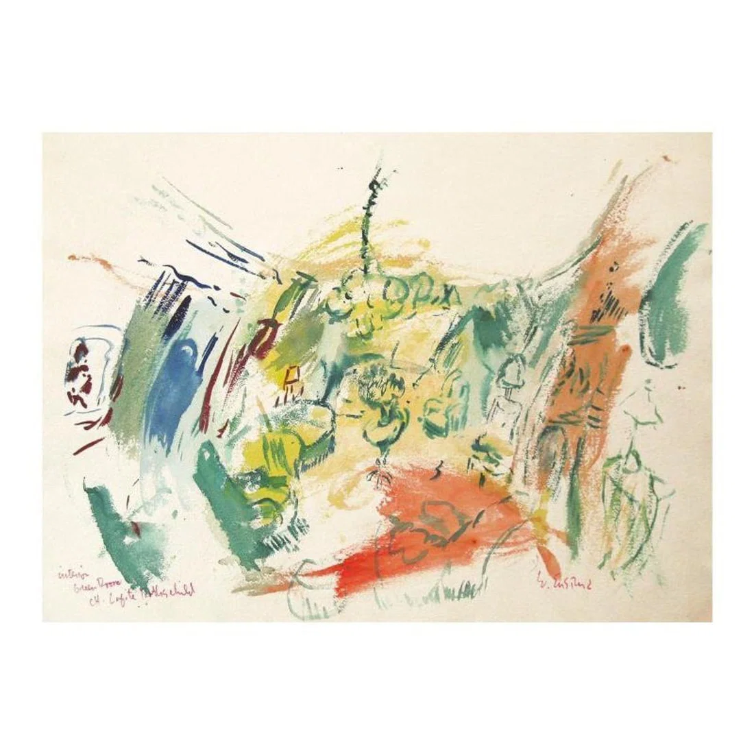 Wayne Ensrud, "Green Salon of Chateau Lafite Rothschild" Watercolor Original Artwork; Hand Signed;