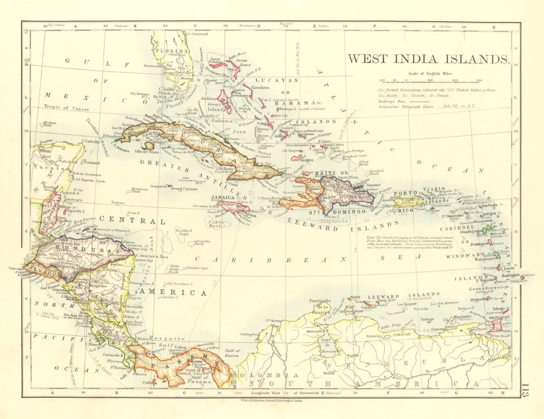 WEST INDIA ISLANDS. Caribbean Lucayas Windward/Leeward Is. JOHNSTON 1906 map