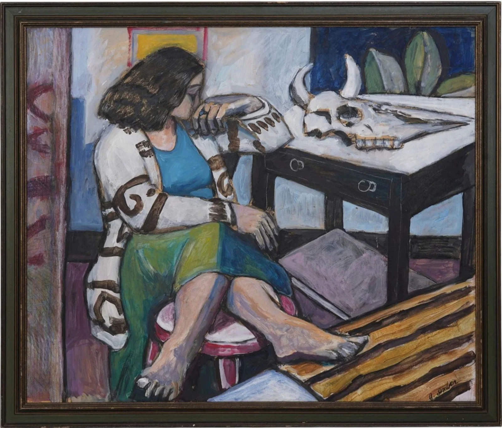 Western Interior signed J. Imber, Watercolor/gouache, oil on canvas, Lady in Interior, 30 x 36