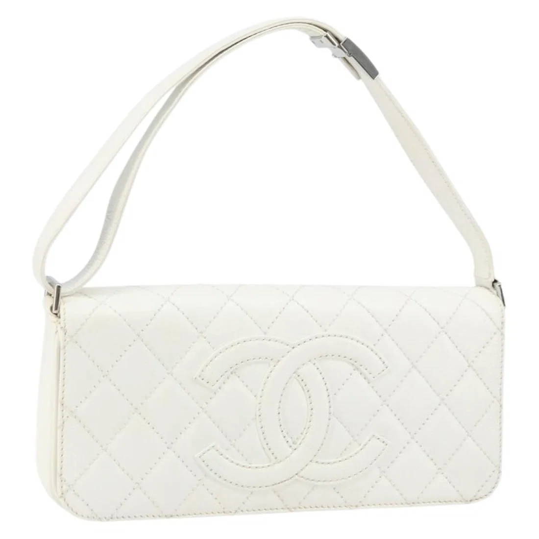 White Caviar Skin Matelasse Shoulder Bag with Chain and Silver CC by CHANEL