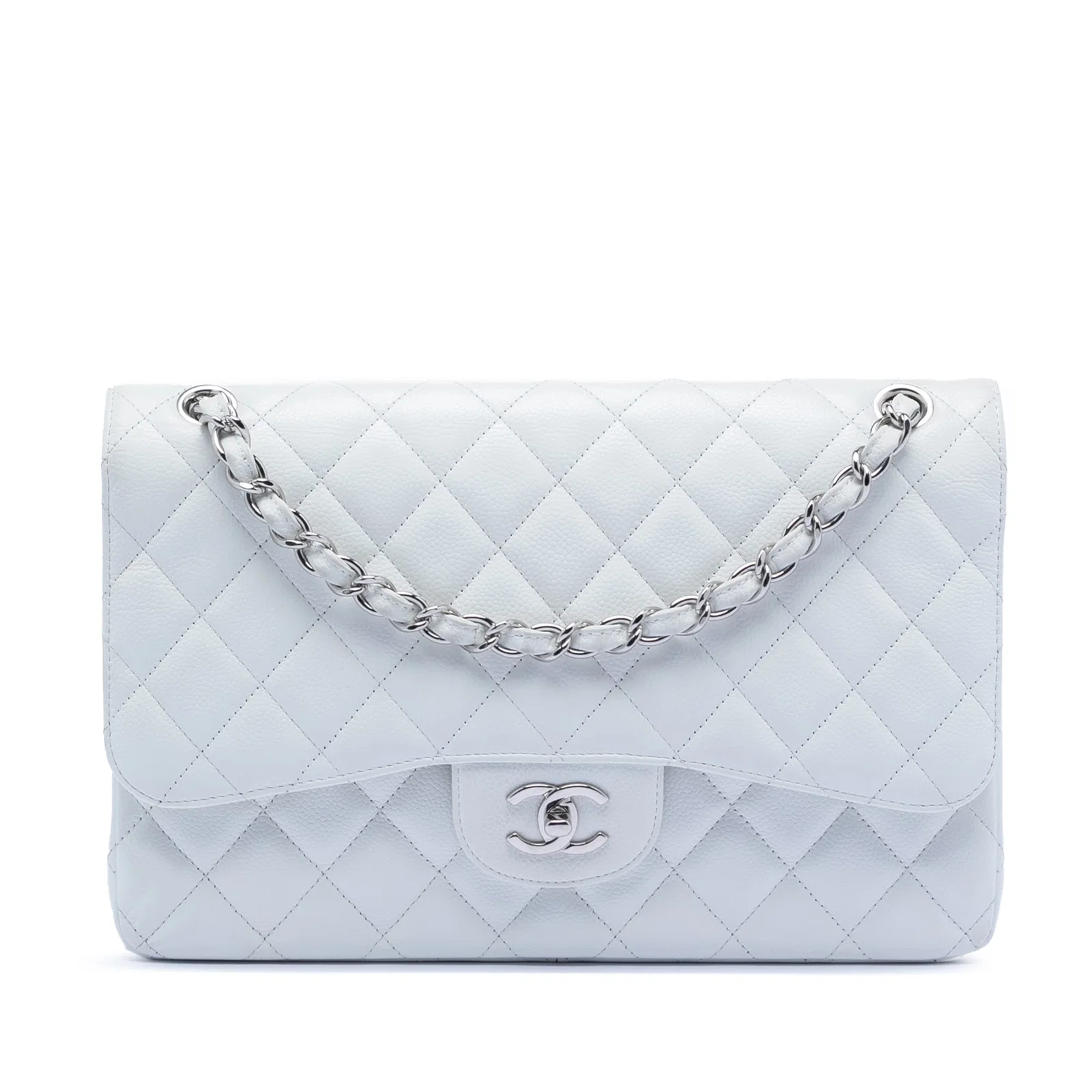White Chanel Jumbo Classic Double Flap Caviar Leather Shoulder Bag