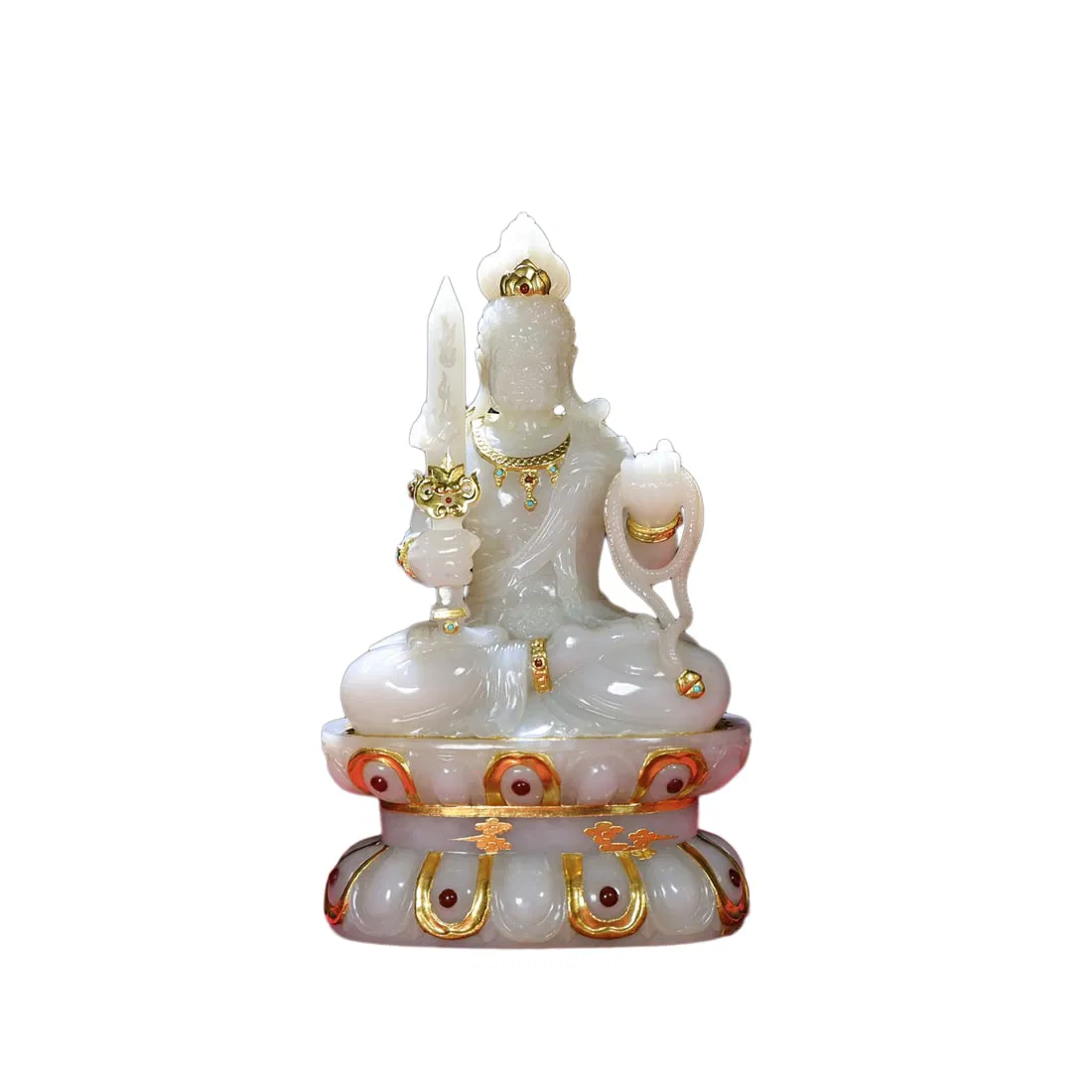 White Hetian Jade Hand-Carved Inlaying Gold Edge Buddha Statue w Acalanatha
