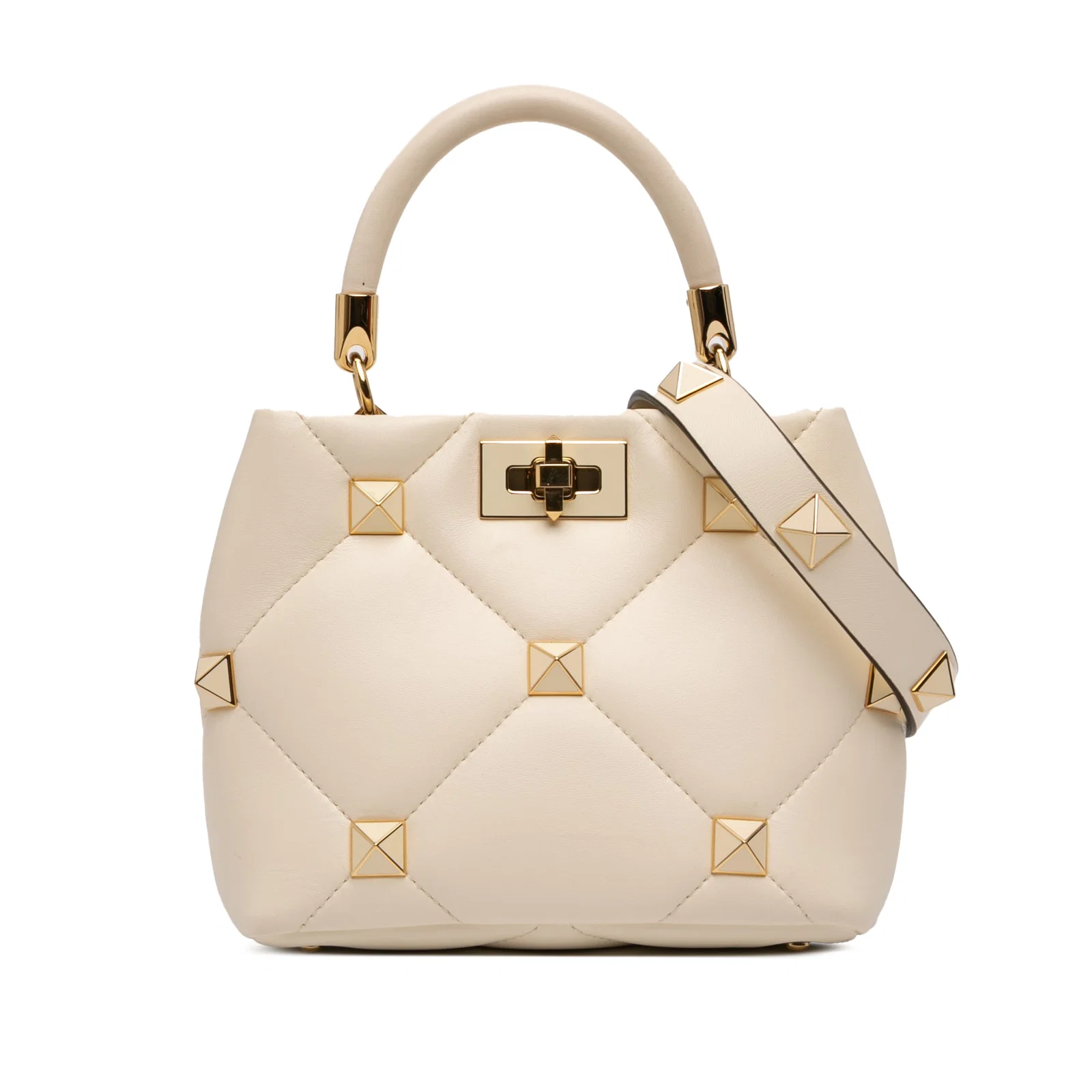 White Leather Valentino Roman Stud Small Satchel with Top Handle