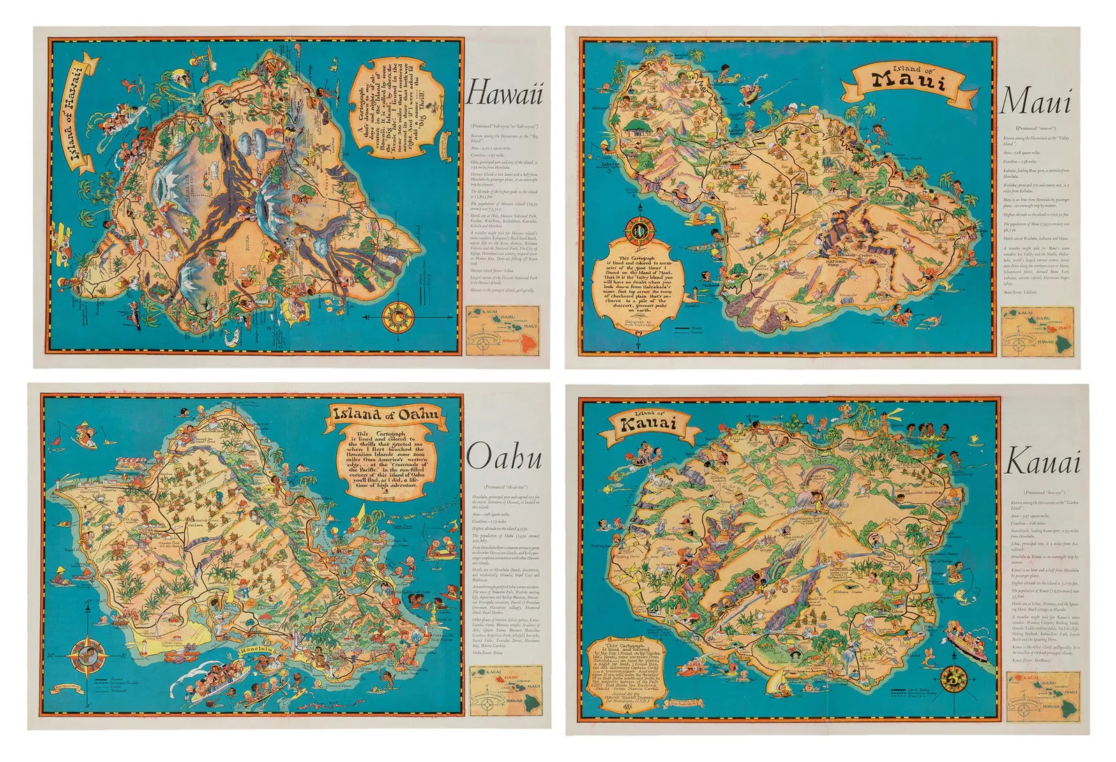 WHITE, Ruth Taylor (1896 - 1985). Four Hawaiian Island Cartographs: Hawaii, Kauai, Maui, and Oahu.