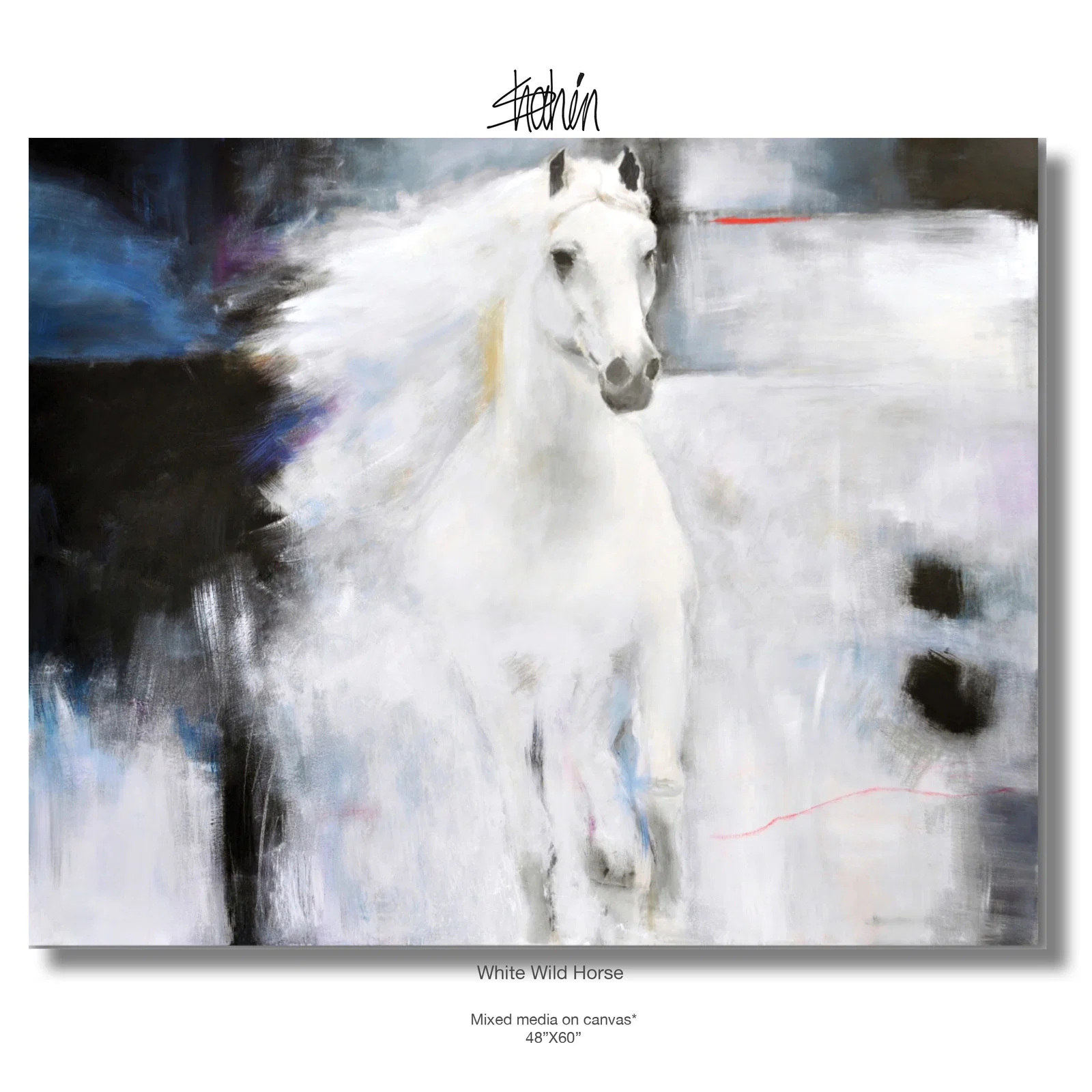 White Wild Horse Mixmedia on Canvas by Shaheen Zarookian