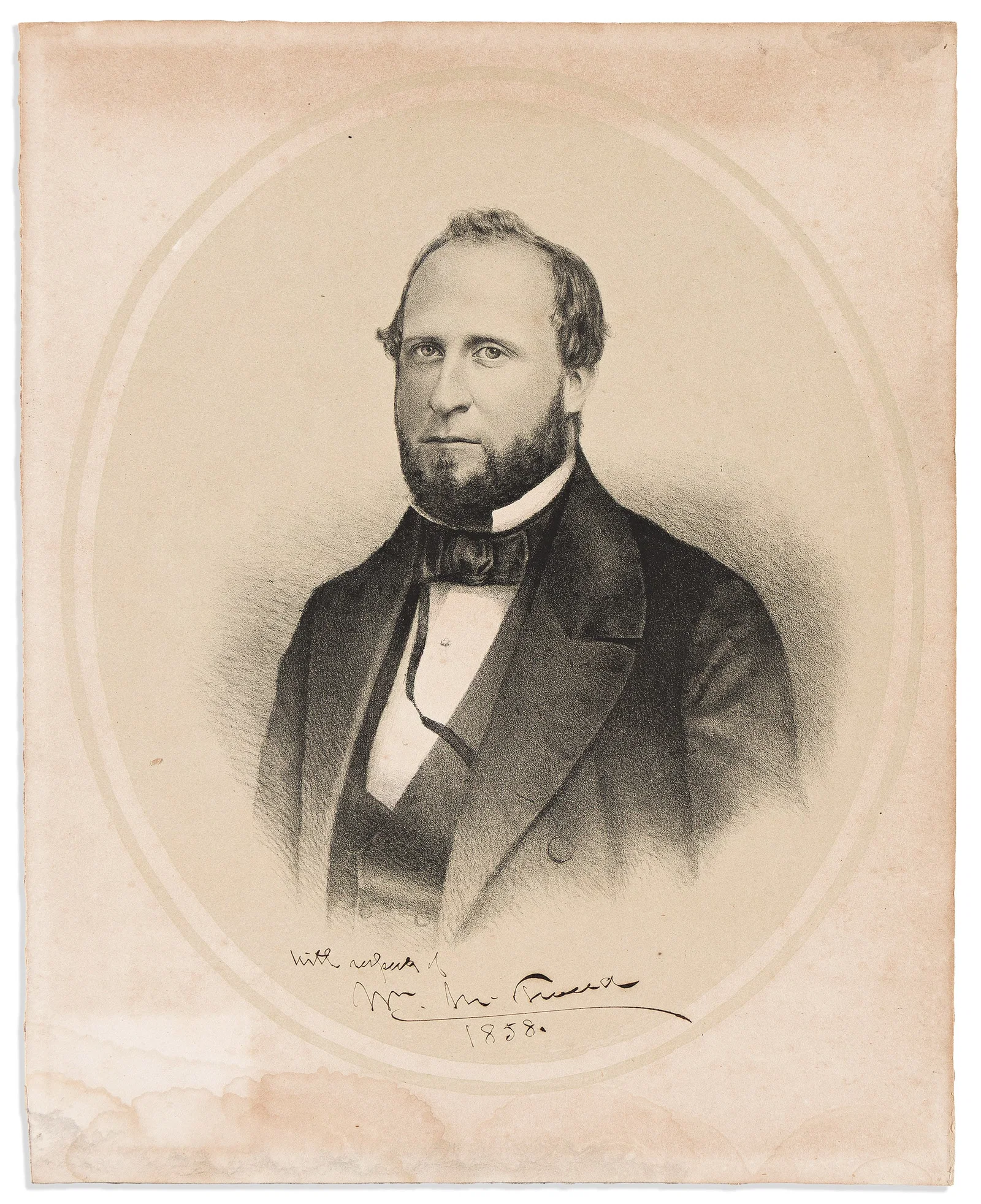 William Marcy ("Boss") Tweed. Lithographic bust portrait Signed and Inscribed, "With respects of /