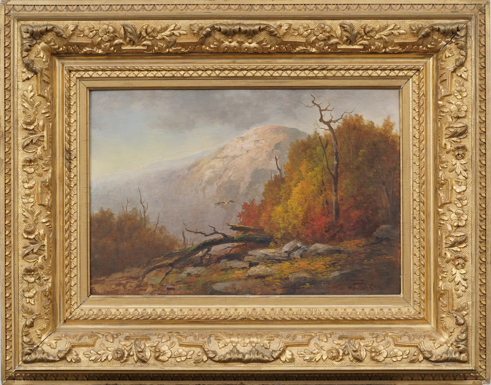 William Ongley Signed American Mountain View Autumn Hudson River Landscape Framed Oil Painting