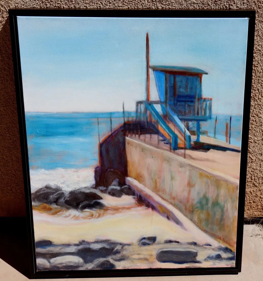 WILLIAM PERKINS Beach Scene Will's Lifeguard Station oil painting