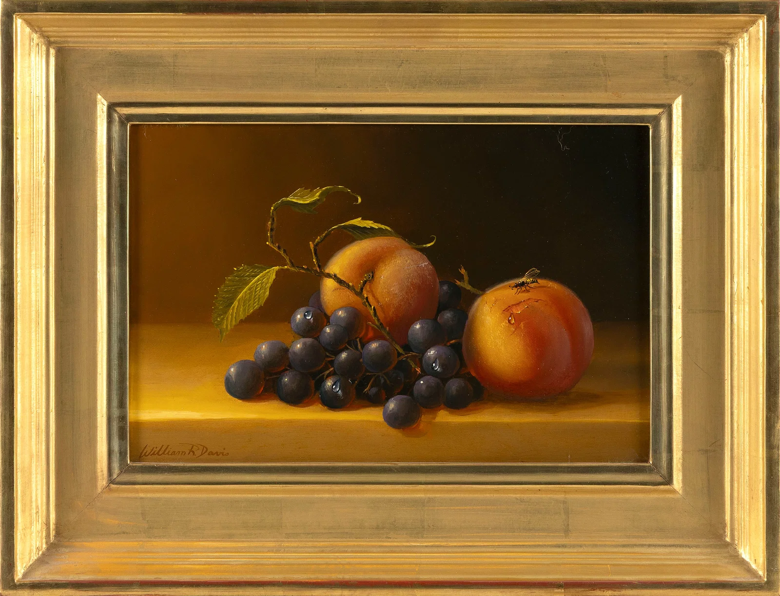 WILLIAM ROBERT DAVIS (Massachusetts, 1952-), Still life of peaches and grapes., Oil on canvas, 8" x