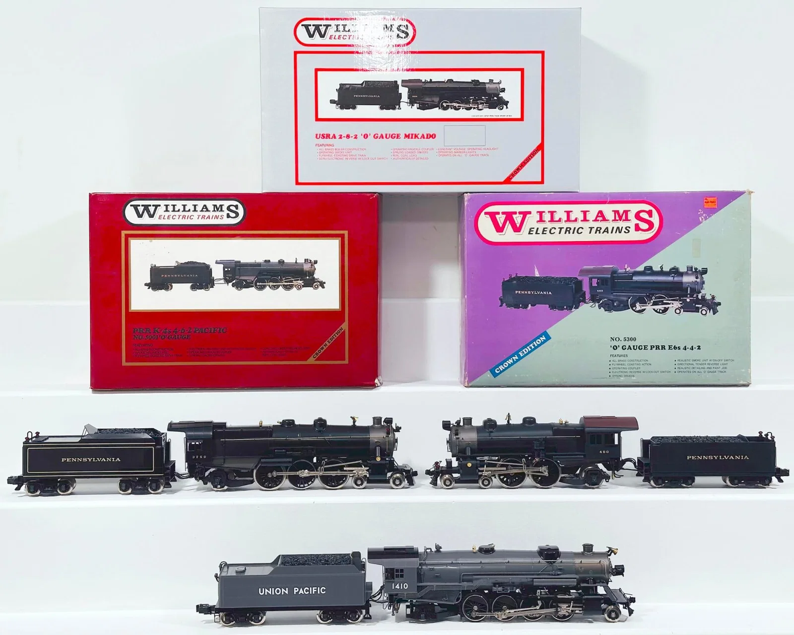 Williams Modern O Gauge UP USRA 2–8–2 Mikado Locomotive and Tender/PRR K – 4 4 – 6 – 2