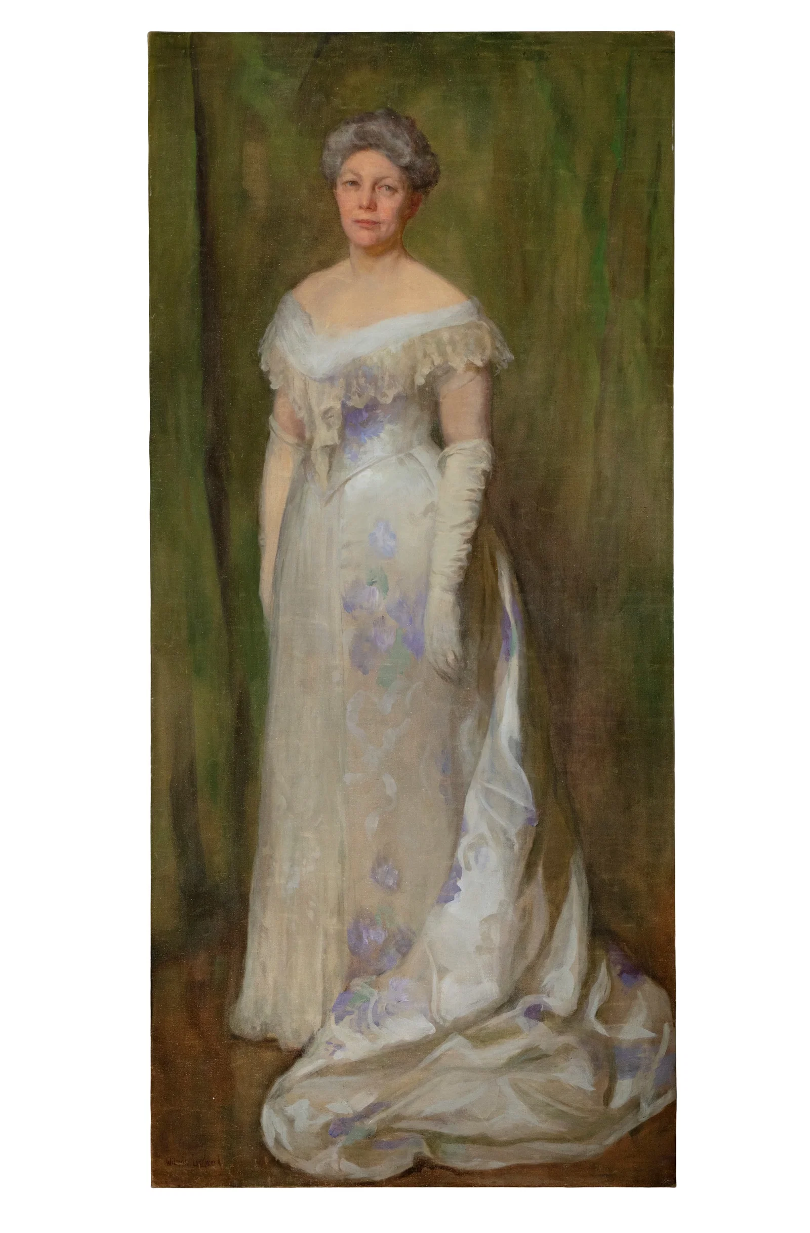 WILTON LOCKWOOD (AMERICAN 1861-1914) Portrait of a lady, standing in a white evening gown, full