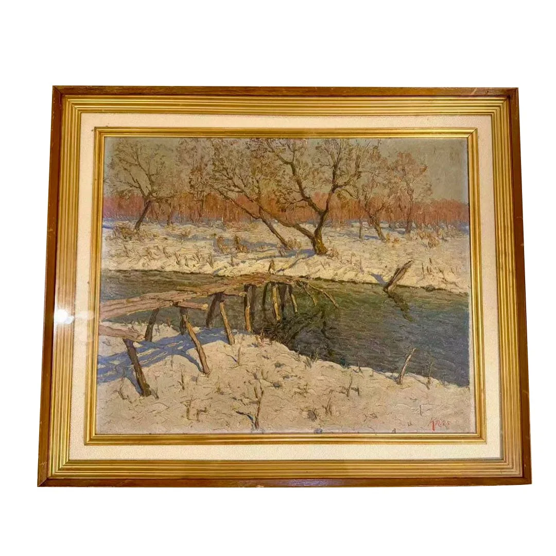 Winter landscape oil painting, snowy scenery.