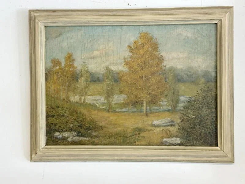 Wonderful circa 1930's o/c laid on board Fall Landscape, unsigned, in nice off white frame, has