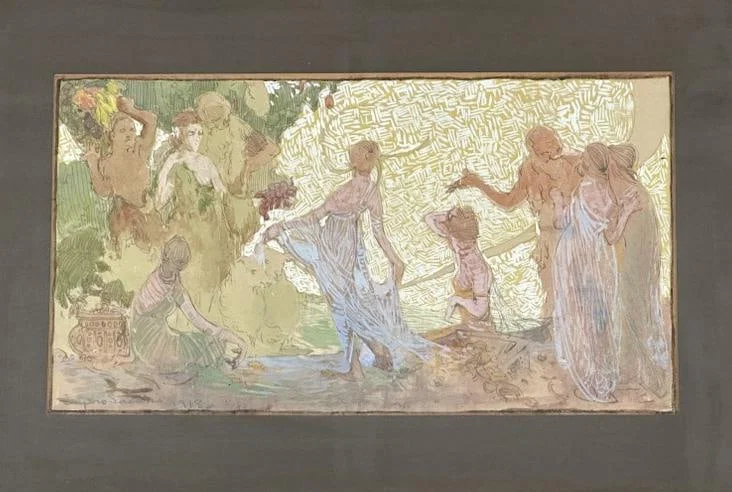 Wonderful gouache on paper of a classical scene with scantily dressed Women with some Men, signed
