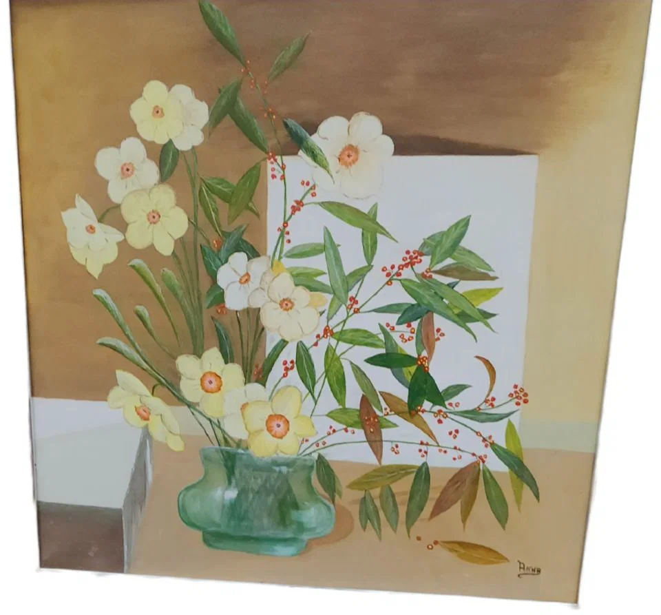 Wonderful mid-century floral impressionist still life oil painting by Anna. Circa '73. Signed. 36x36