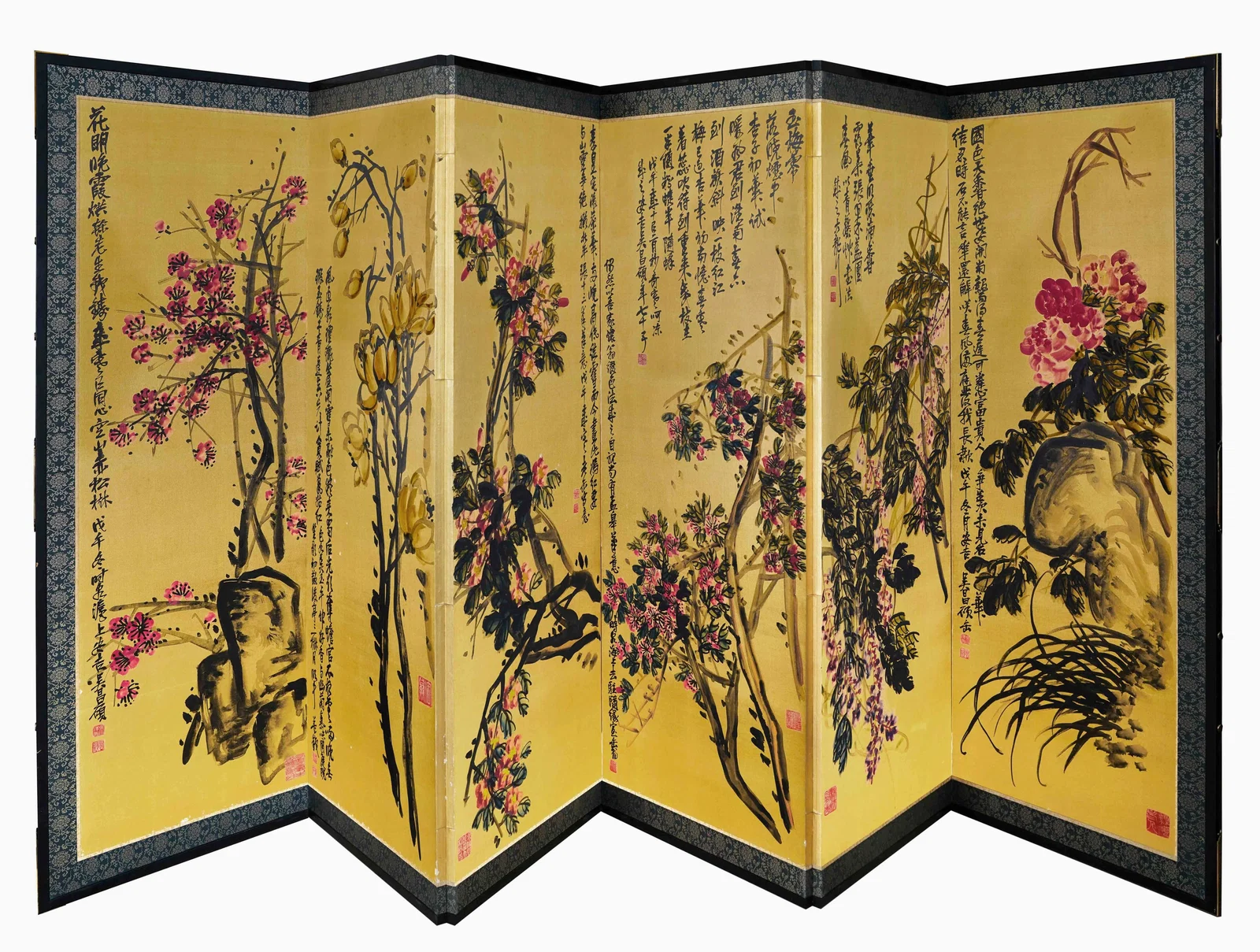WU CHANGSHUO - SIX-FOLD SCREEN OF FLOWERS (1918, REPUBLICAN PERIOD, GOLD-FLECKED PAPER)